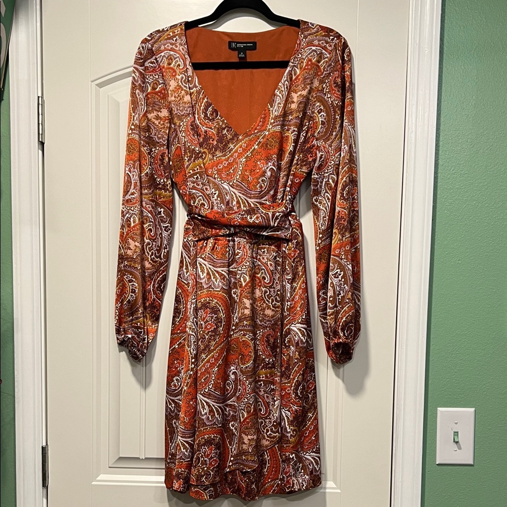 INC International Concepts Orange Paisley Long Sleeve Dress
